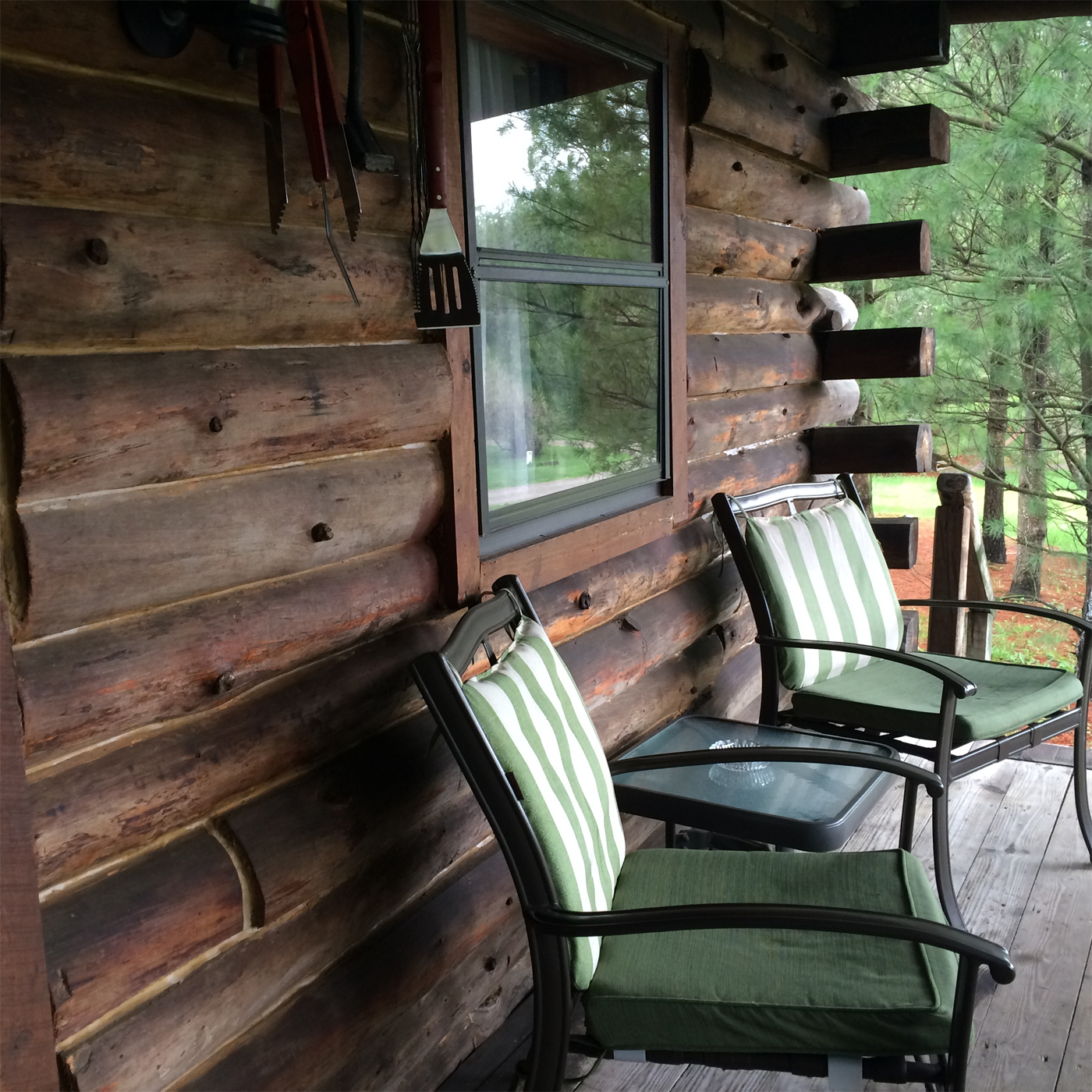log cabin, chairs, porch